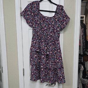 Floral Navy Short Sleeve Tiered Summer Dress